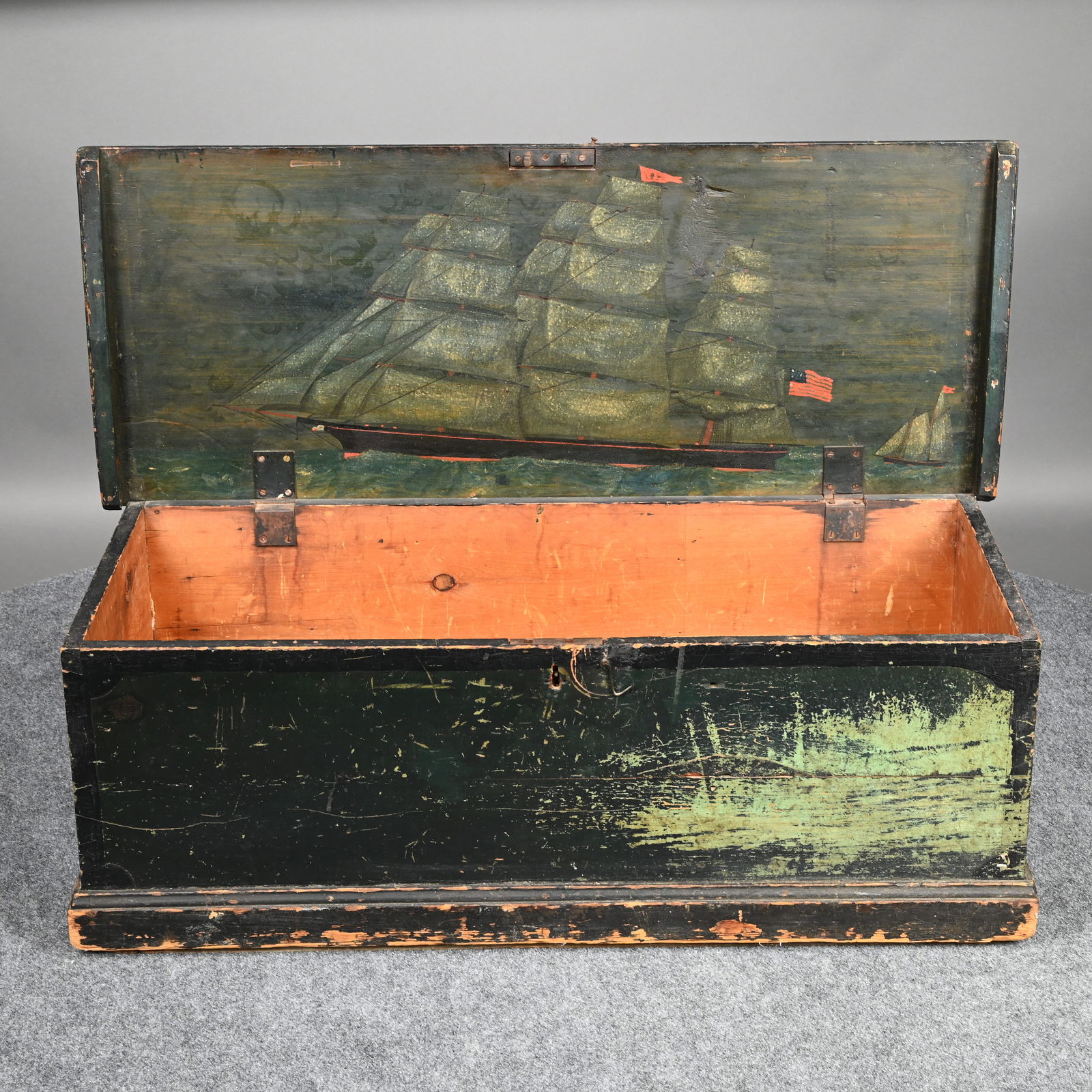 Paint-Decorated Pine Sea Chest in Dark Green Paint (1 of 11)