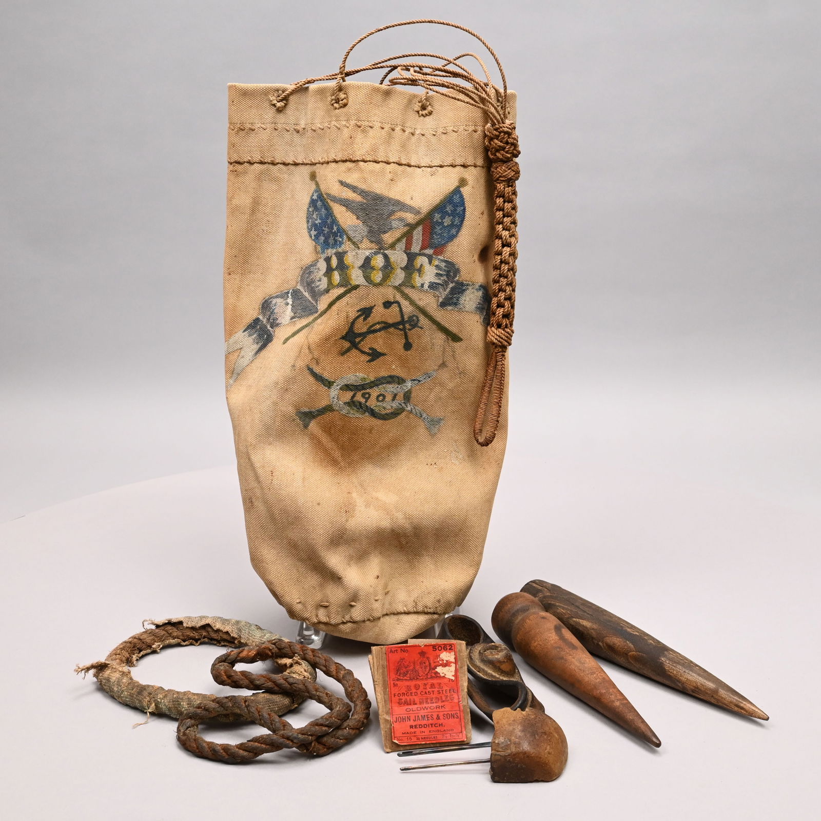 Sailor's Paint-Decorated Ditty Bag,1901,& Contents (1 of 9)