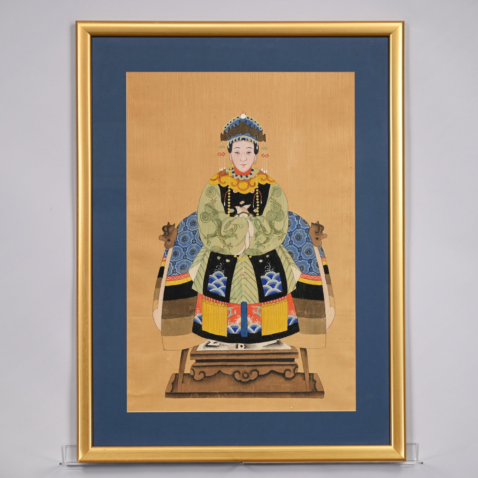 Chinese Ancestral Portrait,Wife of Senior Official: Chinese Ancestral Portrait Depicting the Wife of a Senior Official. Ink and colors on brown raised line fibrous (bamboo?) paper, attired in court dress with a rank badge depicting a white crane or egr