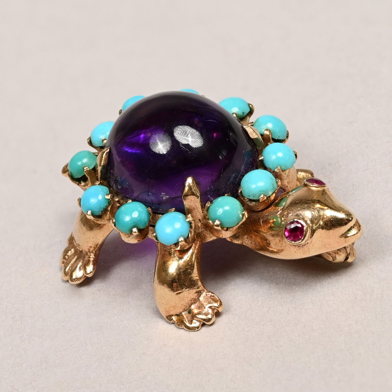 9k Gold, Amethyst and Turquoise Turtle Brooch (1 of 5)