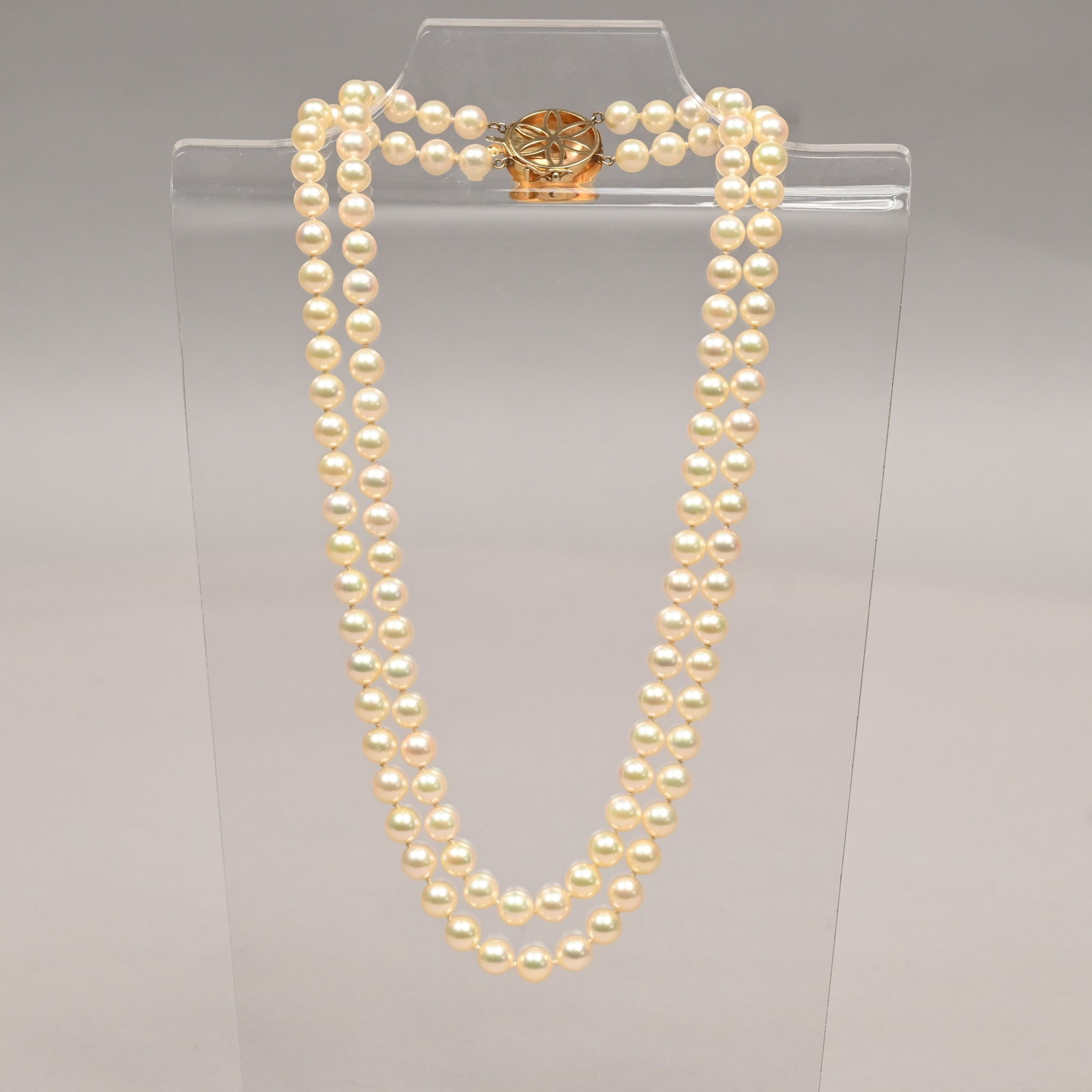 Double Strand Pearl Necklace with 14k Gold Clasp: Double Strand Pearl Necklace with 14k Gold Clasp. Marked "14K" on the clasp. L: 18.375 in.Pearls approximately 7.0 to 7.2mm
