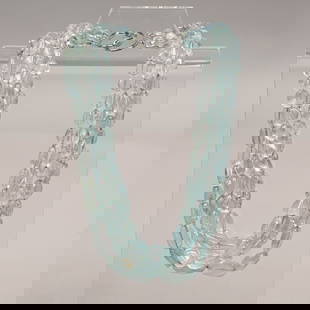 Verdura Aquamarine Quintuple Strand Necklace: Verdura Aquamarine Quintuple Strand Necklace with 18k White Gold Clasp, New York, New York. Marked "VERDURA" and "750" on the clasp, scratched inventory number. L: 18.375 in.