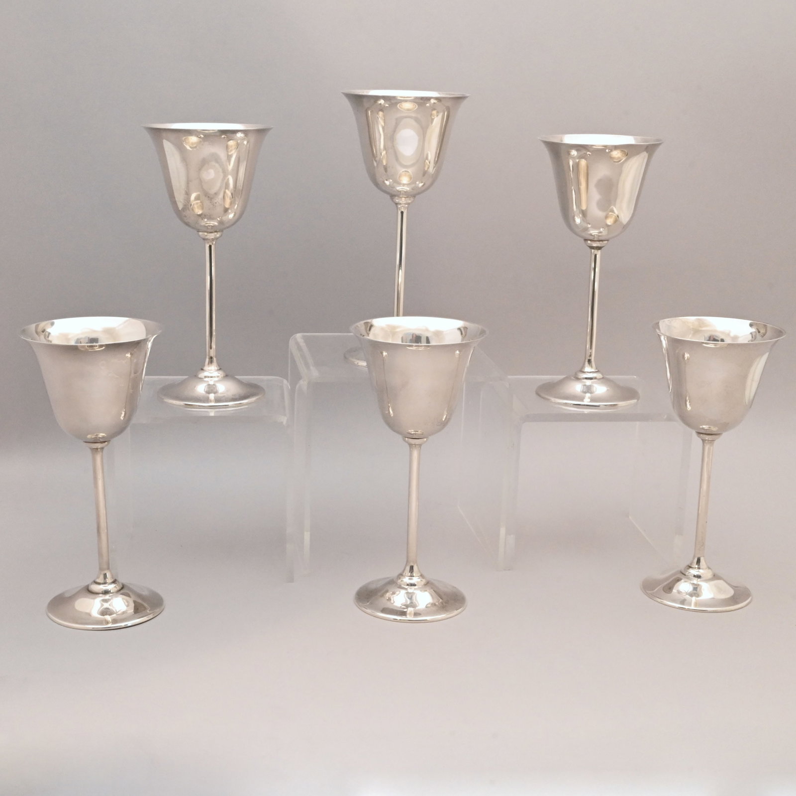 Set of Six American Sterling Silver Wine Goblets: Set of Six American Sterling Silver Wine Goblets, Twentieth Century. Not monogrammed, marked "STERLING/ 93." 22.53 troy oz. total weight H: 6.5 in., Diam: 3.125 in.
