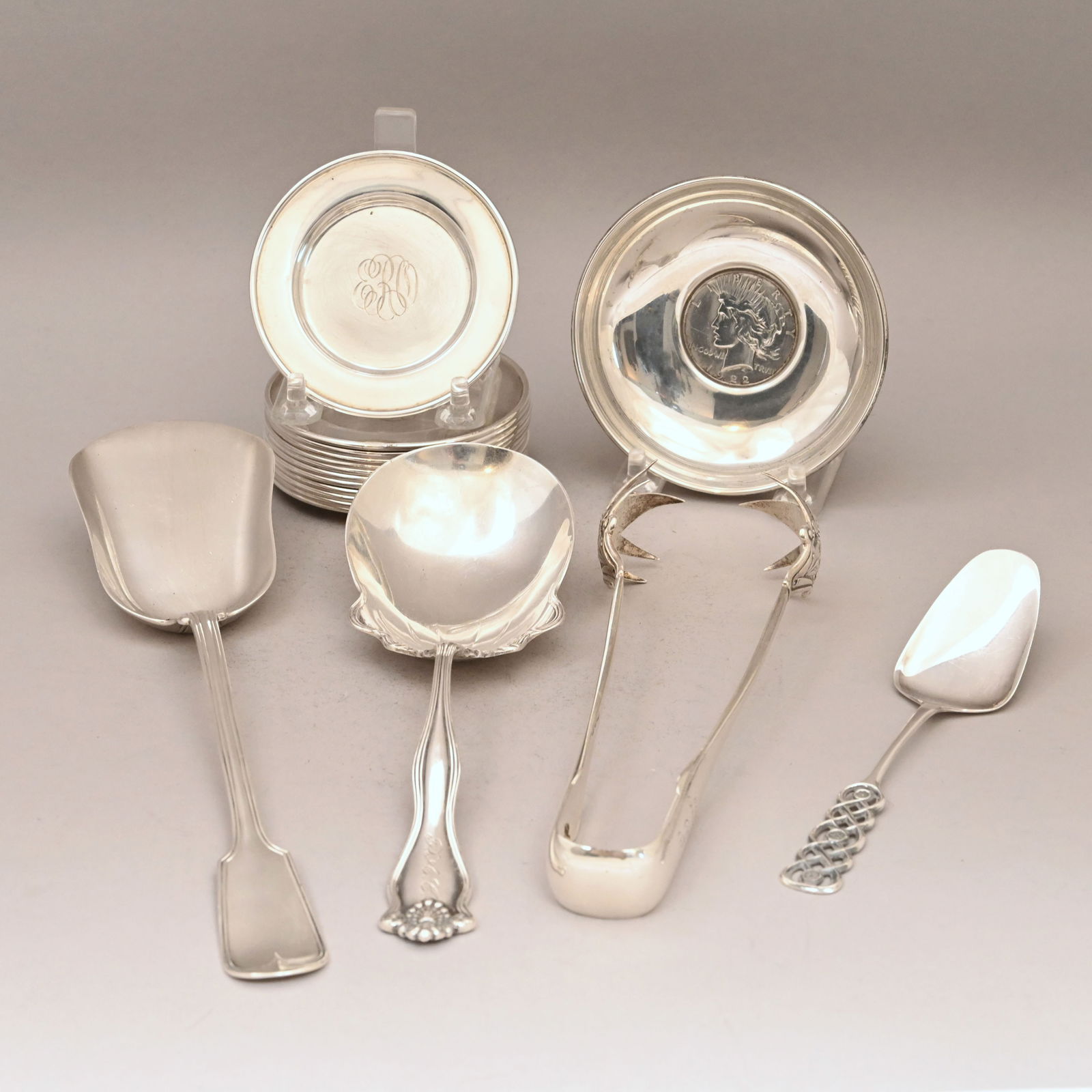 Group American, English & Continental Silver Wares: Group of American, English and Continental Sterling Silver Wares, Late Nineteenth-Early Twentieth Century. Comprising a rare pair of ice tongs, George Sharp, Philadelphia, Pennsylvania, circa 1847-187