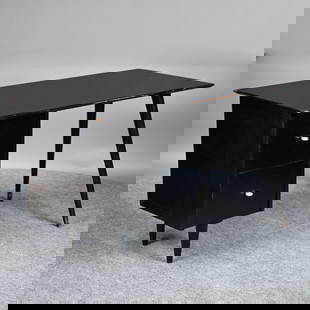 Paul McCobb - Ebonized Wood Planner Group Desk: Paul McCobb (American, 1917-1969) for Winchendon Furniture Mid-Century Modern Ebonized Wood Planner Group Desk, 1949-50's. The rectangular top above a bank of two drawers with steel ring pulls and rai