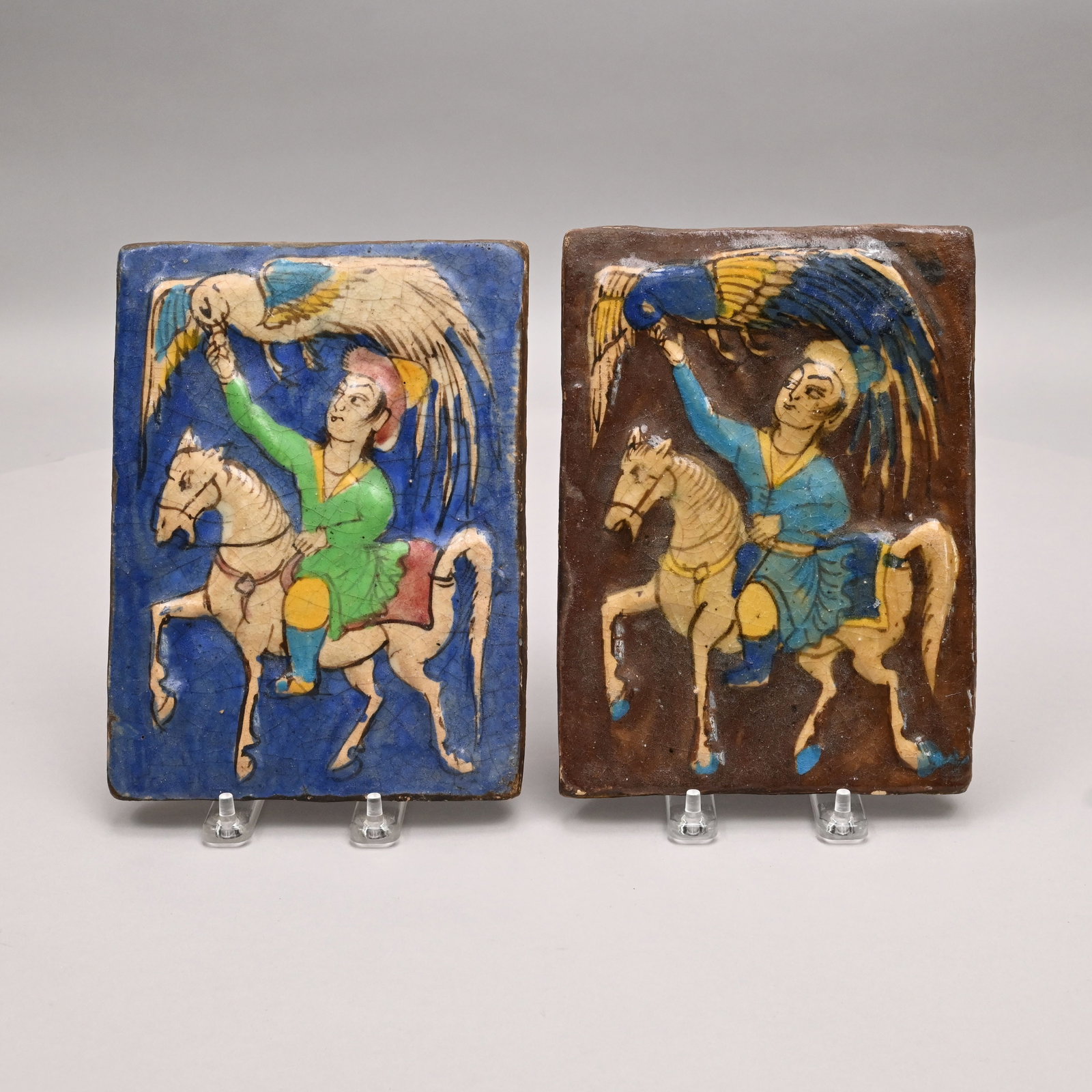 Pair Persian Tiles Depicting Falconer on Horseback (1 of 5)