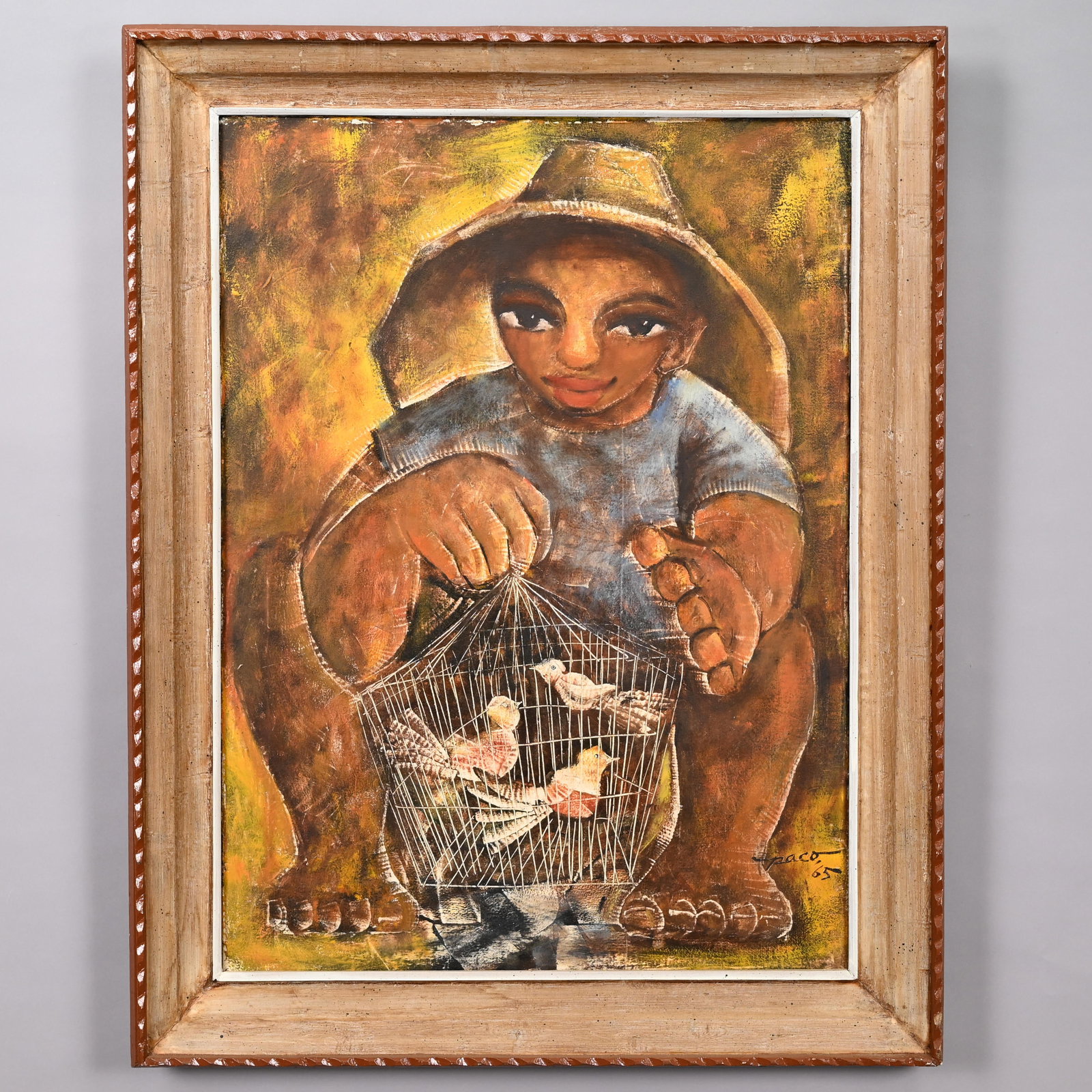 Paco - The Young Bird Seller, 1965: Paco. The Young Bird Seller, oil on canvas, signed "Paco '65" lower right, (34.875 x 31.875 inches). Frame: H: 42 in., W: 32 in., D: 2.875 in.