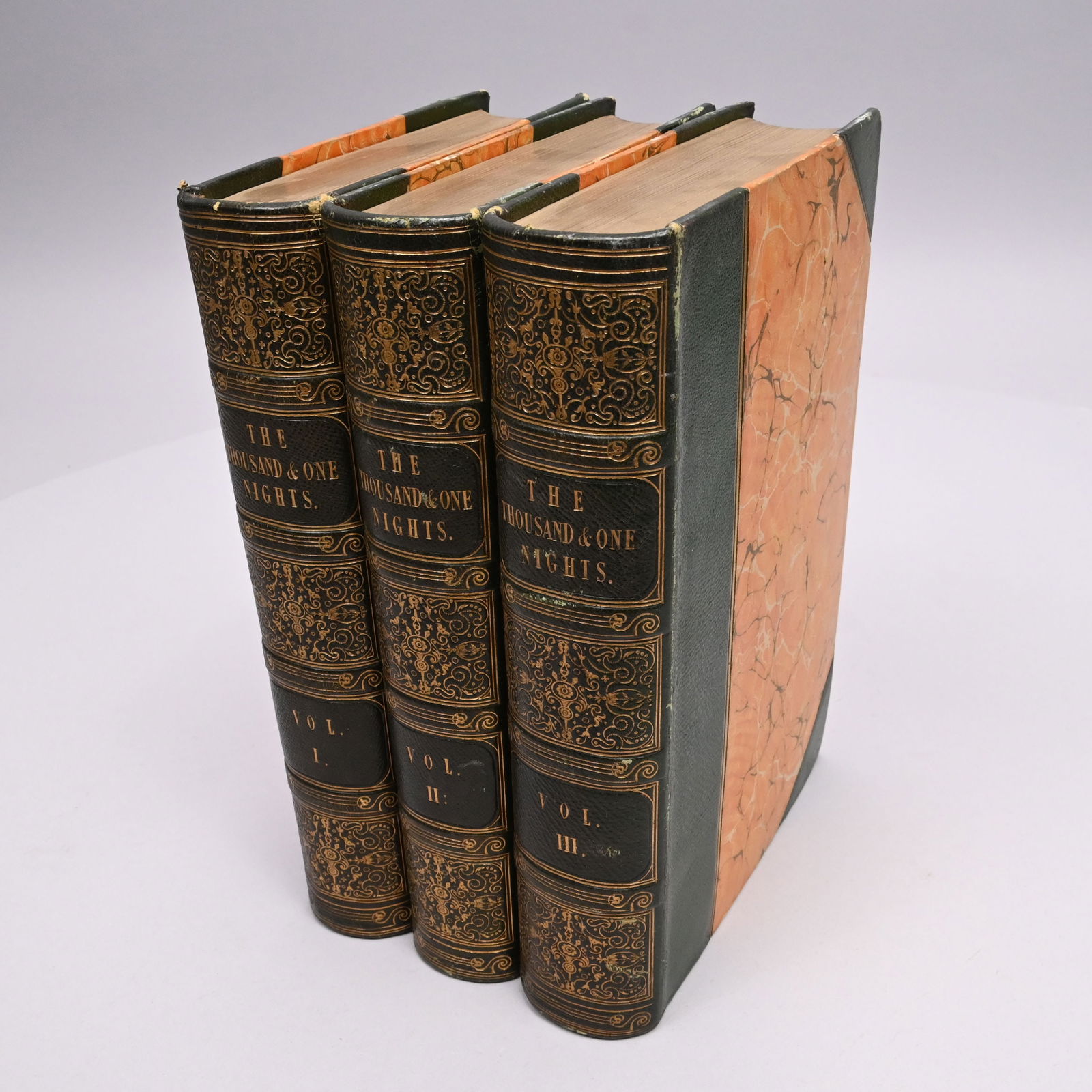 "Thousand and One Nights"-Trans. by Edward W. Lane: "The Thousand and One Nights, Commonly Called, In England, The Arabian Nights' Entertainments." Translated by Edward William Lane. London: Charles Knight and Co., 1839, 1840 and 1841. 3 vols. Marbled