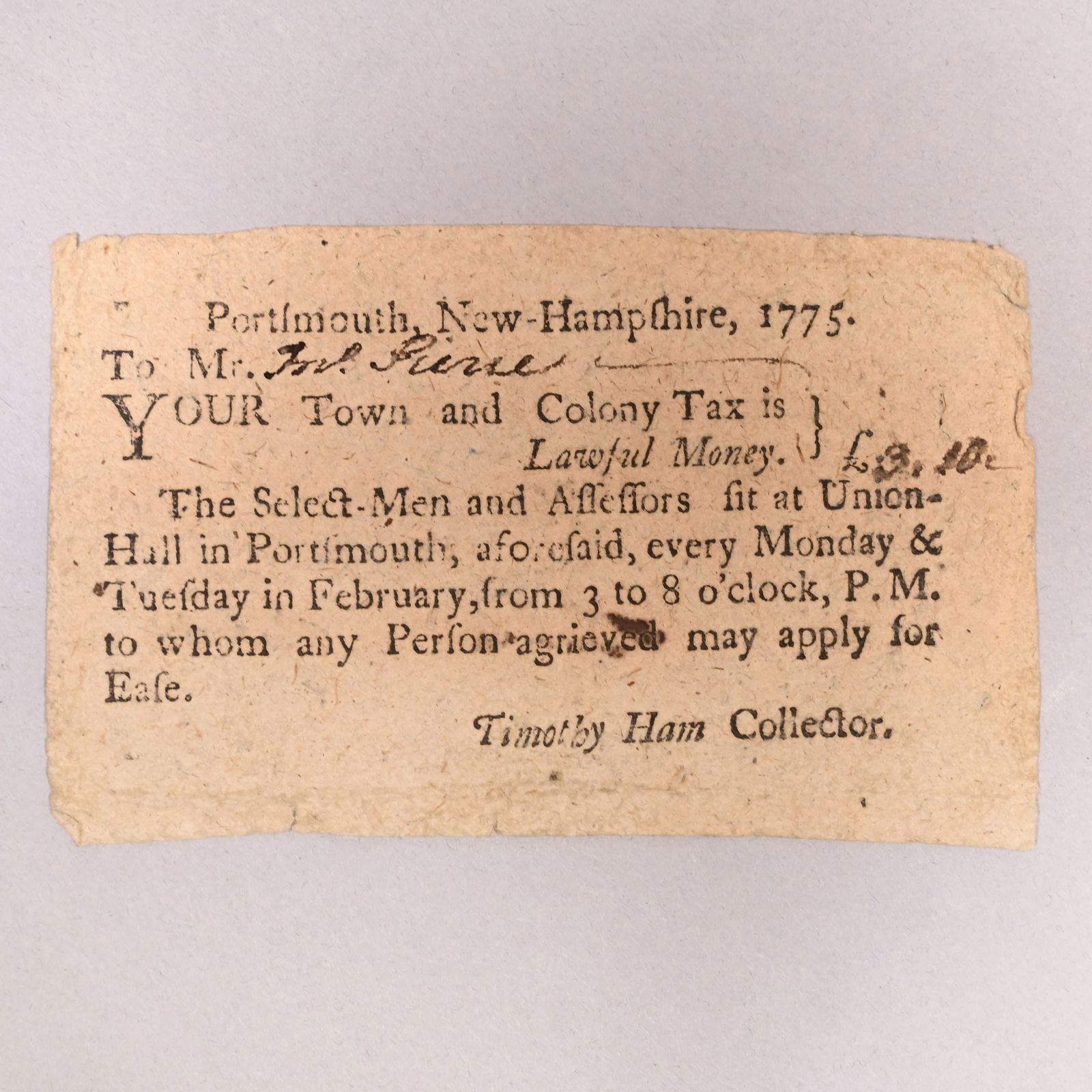 Portsmouth, New Hampshire Tax Document, 1775 (1 of 2)