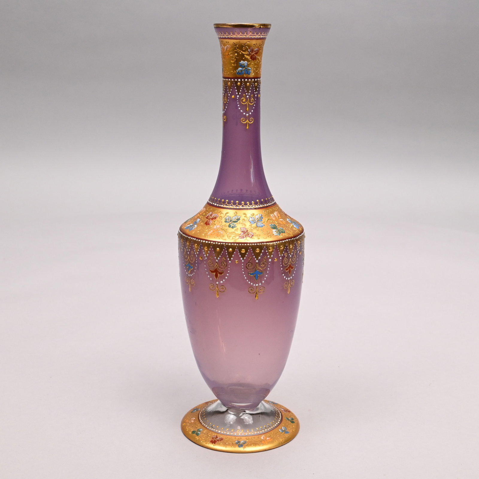 Bohemian Enamelled Glass Vase, Ludwig Moser & Sons: Bohemian Enamelled Lavender Glass Vase, Ludwig Moser & Sons, Karlsbad, 1870 - 1925. Of tapered cylindrical shape with elongated neck, surrounded above the shoulders and on the foot with a border of le