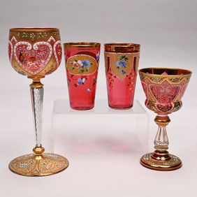 Two Bohemian Wine Glasses and Two Juice Glasses, Ludwig Moser