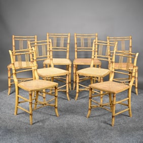 Eight Regency Paint-Decorated Faux Bamboo Chairs