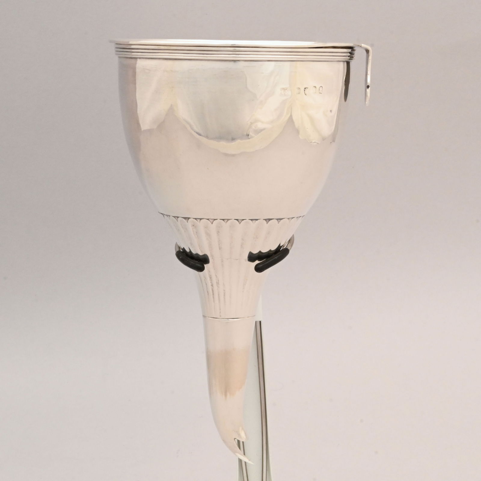 George III Silver Wine Funnel,J. Emes,London,1797: George III Silver Wine Funnel, John Emes, London, 1797. In two parts, the bowl with reeded rim, clip on the side and screen pierced in a hexagonal flowerhead pattern, fitted into the removable funnel