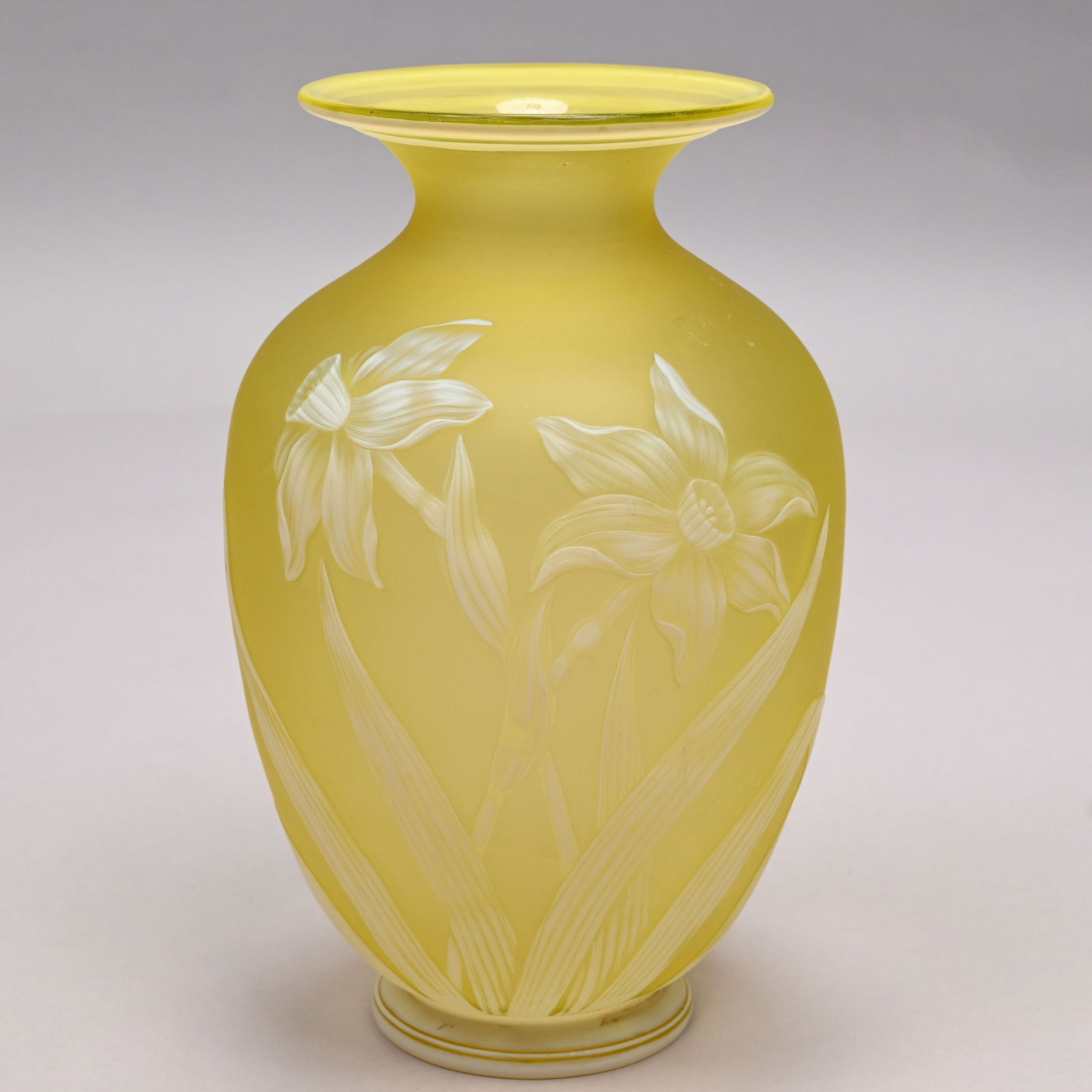 English Cameo Glass Vase, Attributed to Thomas Webb & Sons: English Cameo Glass Vase, Attributed to Thomas Webb & Sons, Stourbridge, 1880 - 1900. Overlaid in white glass and carved through to the citrine glass with a spray of daffodils on the front and a butte
