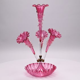 English Colorless and Cranberry Glass Epergne