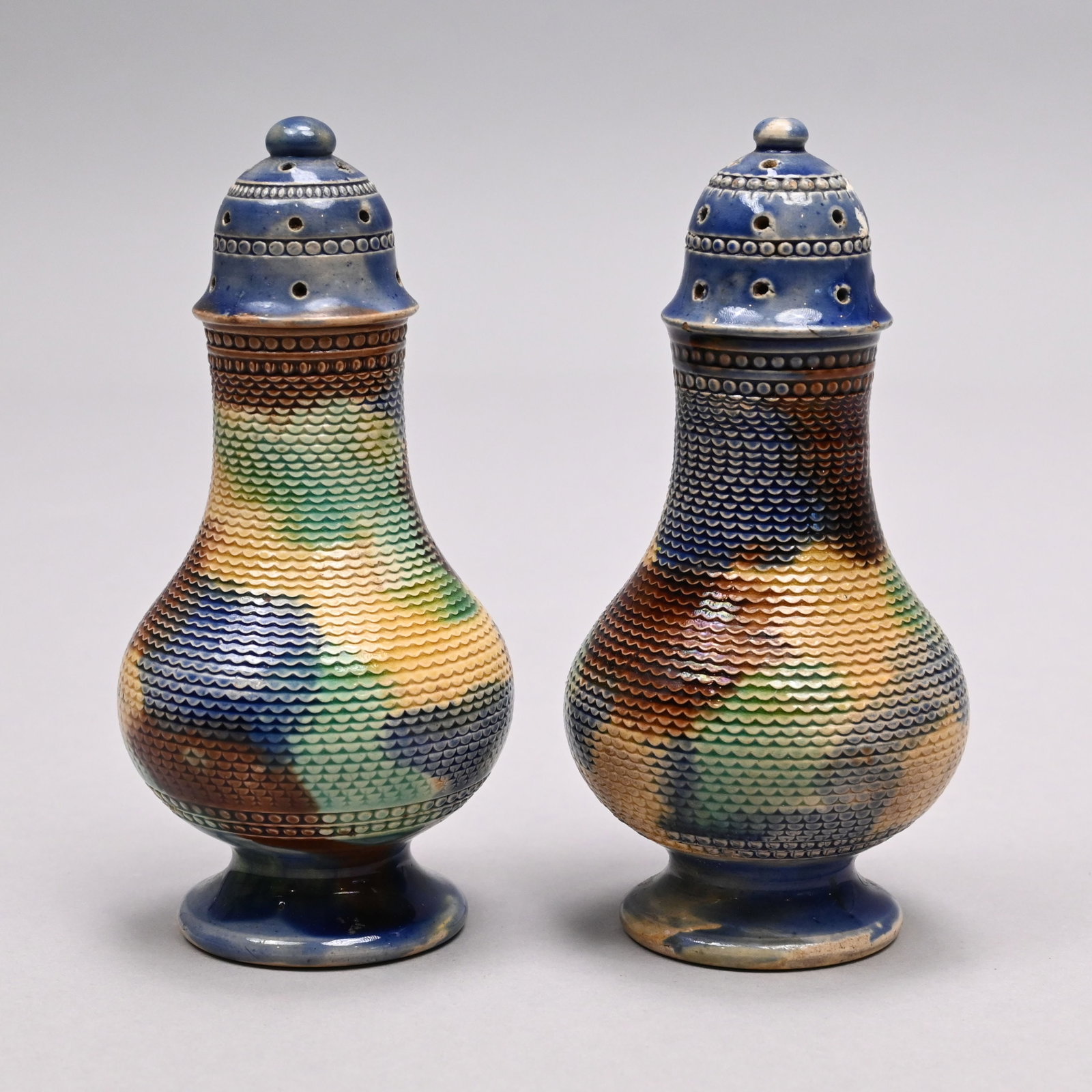 Rare Matched Pair of British Mochaware Pepper Pots (1 of 10)