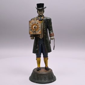 Dutch Painted Metal Figural Clock Peddler & Clock