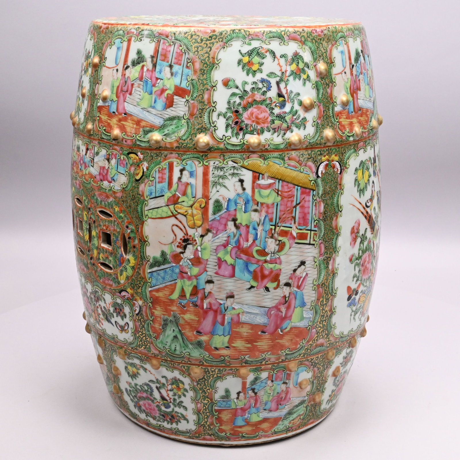 ChineseExport Porcelain Rose Medallion Garden Seat: Chinese Export Porcelain Rose Medallion Garden Seat. Painted with the typical panels of court figures alternating with panels of birds and butterflies amidst peonies, all within borders of applied "bo