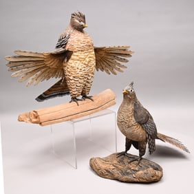 Sam Clow - Two Carved Ruffed Grouse, 1985 and 1987