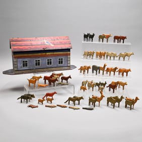 English Painted Pine Noah's Ark w/ Animals & Birds