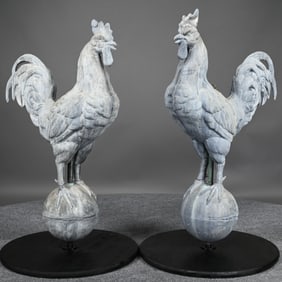 Pair of French Cast Zinc Full-Bodied Rooster Weathervanes
