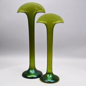 Two Continental Iridescent Green Glass Tall Vases