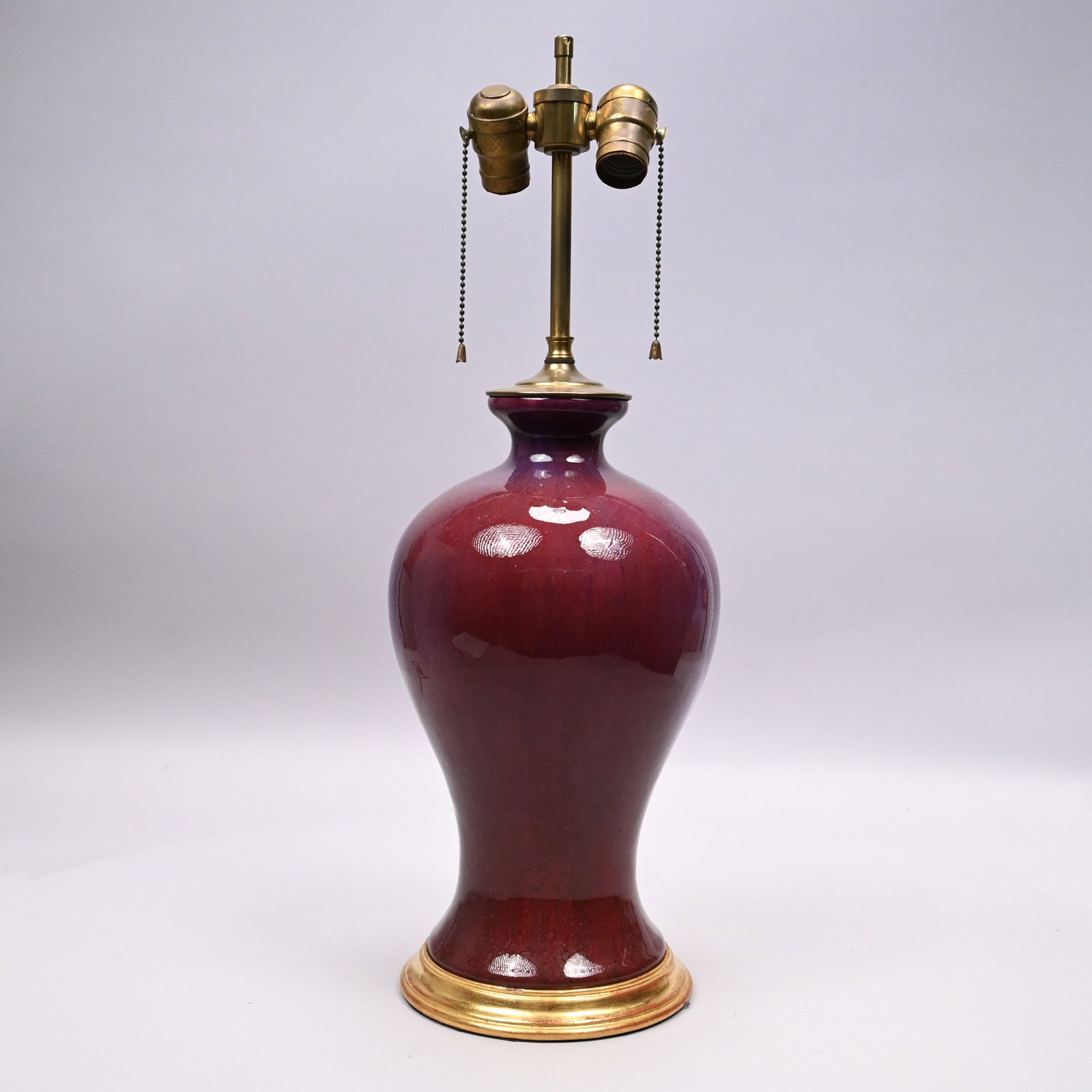 Chinese Porcelain Sang-de-Boeff Meiping Vase: Chinese Porcelain Sang-de-Boeff Meiping Vase. Now mounted as a lamp. Vase: H: 14.125 in., Diam: 7.375 in. Lamp: H: 23.75 in. (To top of finial)