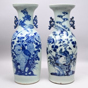 Two Chinese Glazed Celadon Blue and White Vases
