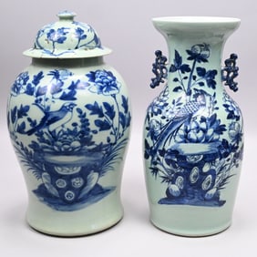 Chinese Glazed Celadon Temple Jar & a Vase