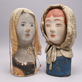 Two Painted Papier Mache Milliner's Heads