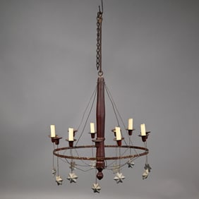 Early Primitive Painted Wood and Tin Chandelier