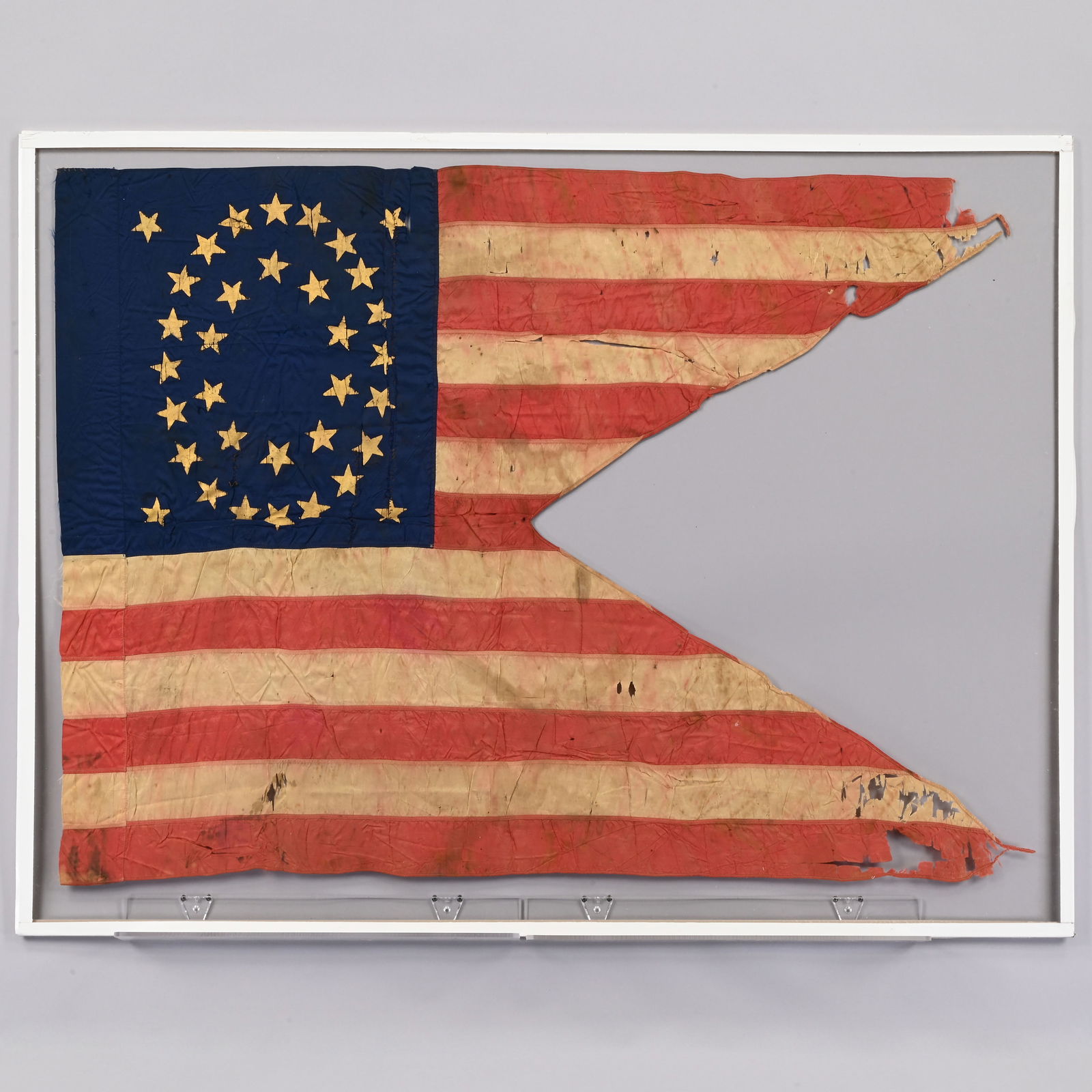 Civil War Era 34-Star Silk Guidon, 4th US Cavalry: Civil War Era Thirty Four-Star Silk Swallowtail Guidon, 4th US Cavalry. The canton measuring 15.375 inches in width on the hoist and between 14.75 and 15.125 inches in length on the fly (inclusive of