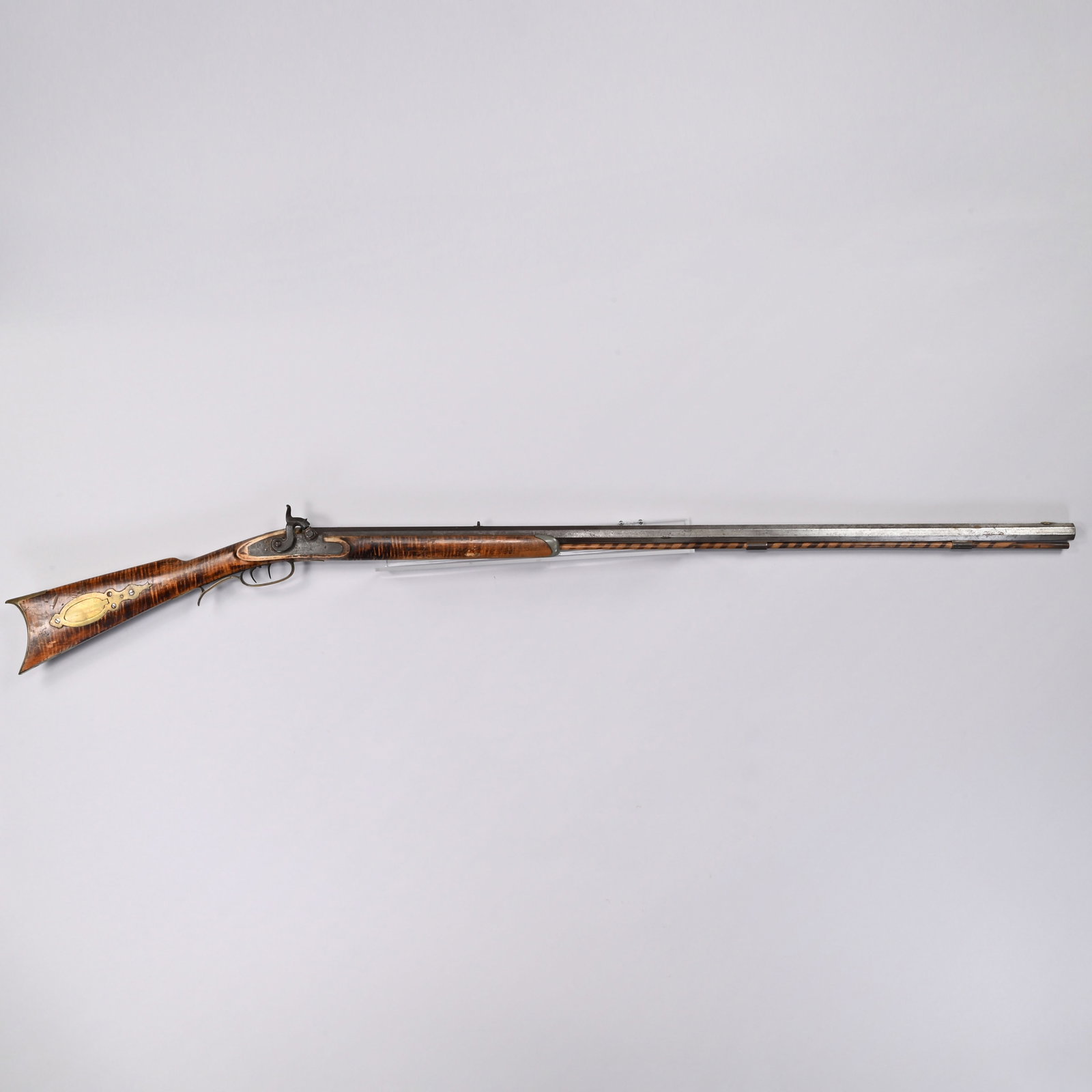 Pennsylvania Half-Stock Percussion Rifle, Leman: Pennsylvania Half-Stock Percussion Rifle, Henry Lehman, Lancaster, .40 cal. The 39 1/2 inch octagonal barrel with dovetailed brass blade front sight and notched iron dovetailed rear, stamped "H. E. LE