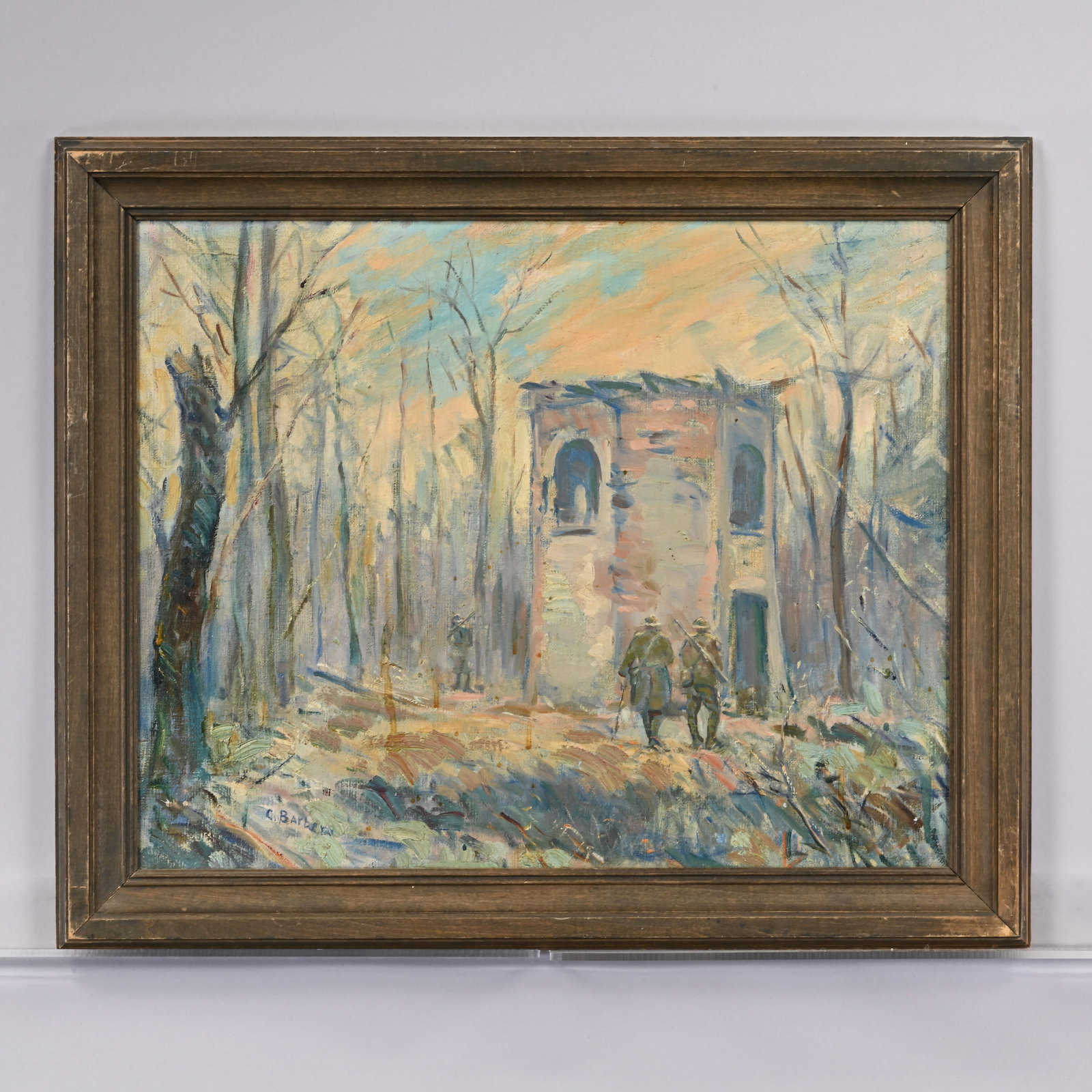 Charles Barbaro - "Belleau Woods, German Pill Box": Charles Barbaro (American, b.1896). "Belleau Woods, German Pill Box," Circa 1917. Oil on canvas board, signed "C. BARBARO" lower left, inscribed with title on reverse in blue paint, (16 x 20 inches). 