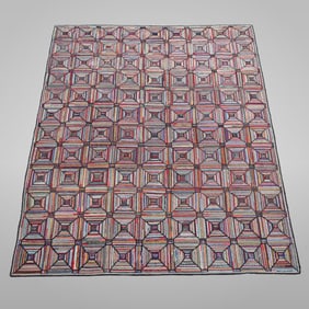 American Large 'Log Cabin' Pattern Hooked Rug