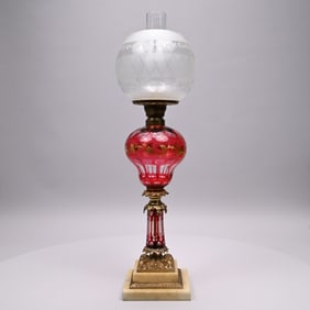 Rococo Revival Cut Overlay Glass Banquet Lamp
