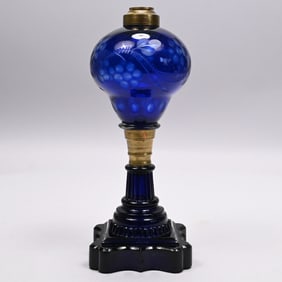 Cut and Engraved Overlay Cobalt Blue Glass Whale Oil Lamp, Possibly Boston & Sandwich