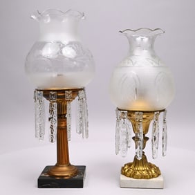 Two American Gilt Brass and Glass Solar Lamps