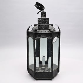 Early Tin & Glass Hexagonal Hanging Candle Lantern