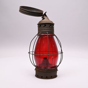 Early Tin Lantern with Ruby Glass Globe