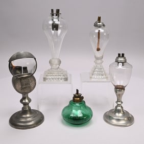 American Pewter & Glass Fluid Lamp & Four Others