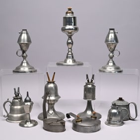 Eleven American Tin & Pewter Betty & Fluid Lamps