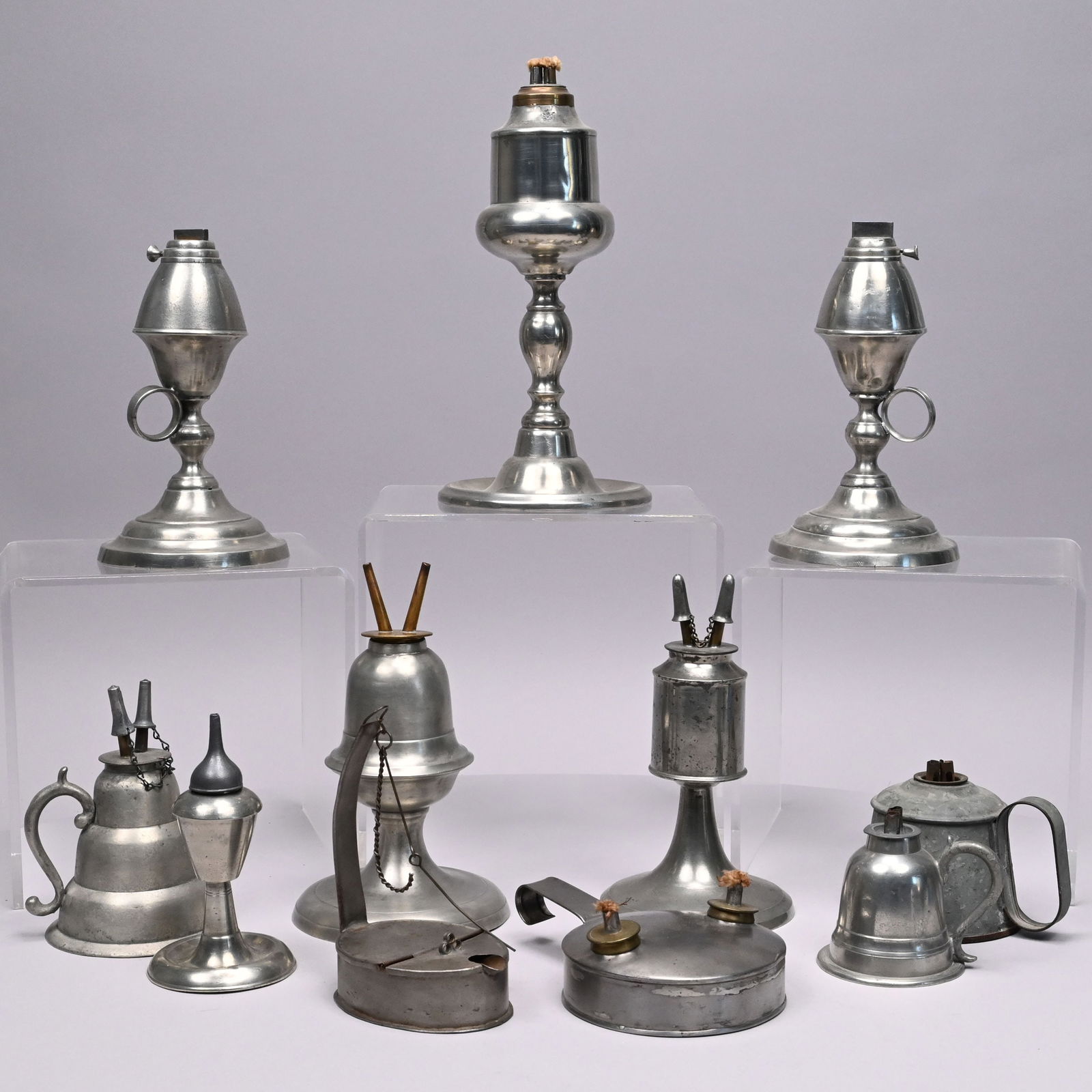 Eleven American Tin & Pewter Betty & Fluid Lamps (1 of 20)