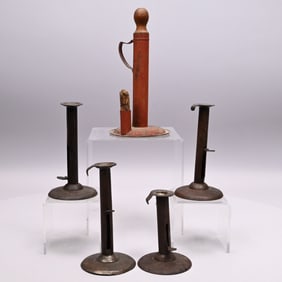 Rare Tin Candlestick and Four Sheet-Iron Hogscraper Candlesticks