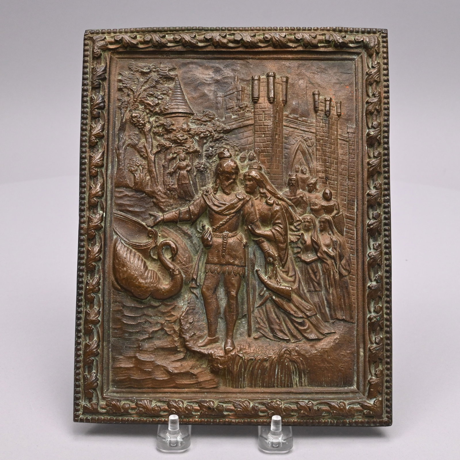 "The Arrival of Lohengrin," Bronze Plaque: "The Arrival of Lohengrin in Antwerp," from Wagner's Opera "Lohengrin," Bronze Plaque, Nineteenth Century. Cast in relief with the Swan Knight Lohengrin and Duchess Elsa whom he has been sent to rescu