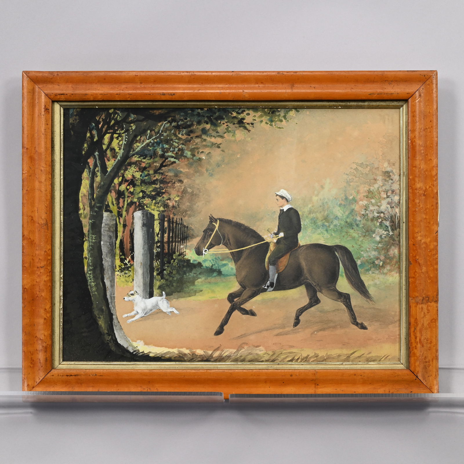 American or British School - Riding Out on My Pony: American or British School. Riding Out on My Favorite Pony with Terrier, Nineteenth Century. Watercolor on paper, depicting a youth riding out of a gate with his dog, apparently unsigned, (11.75 x 15.