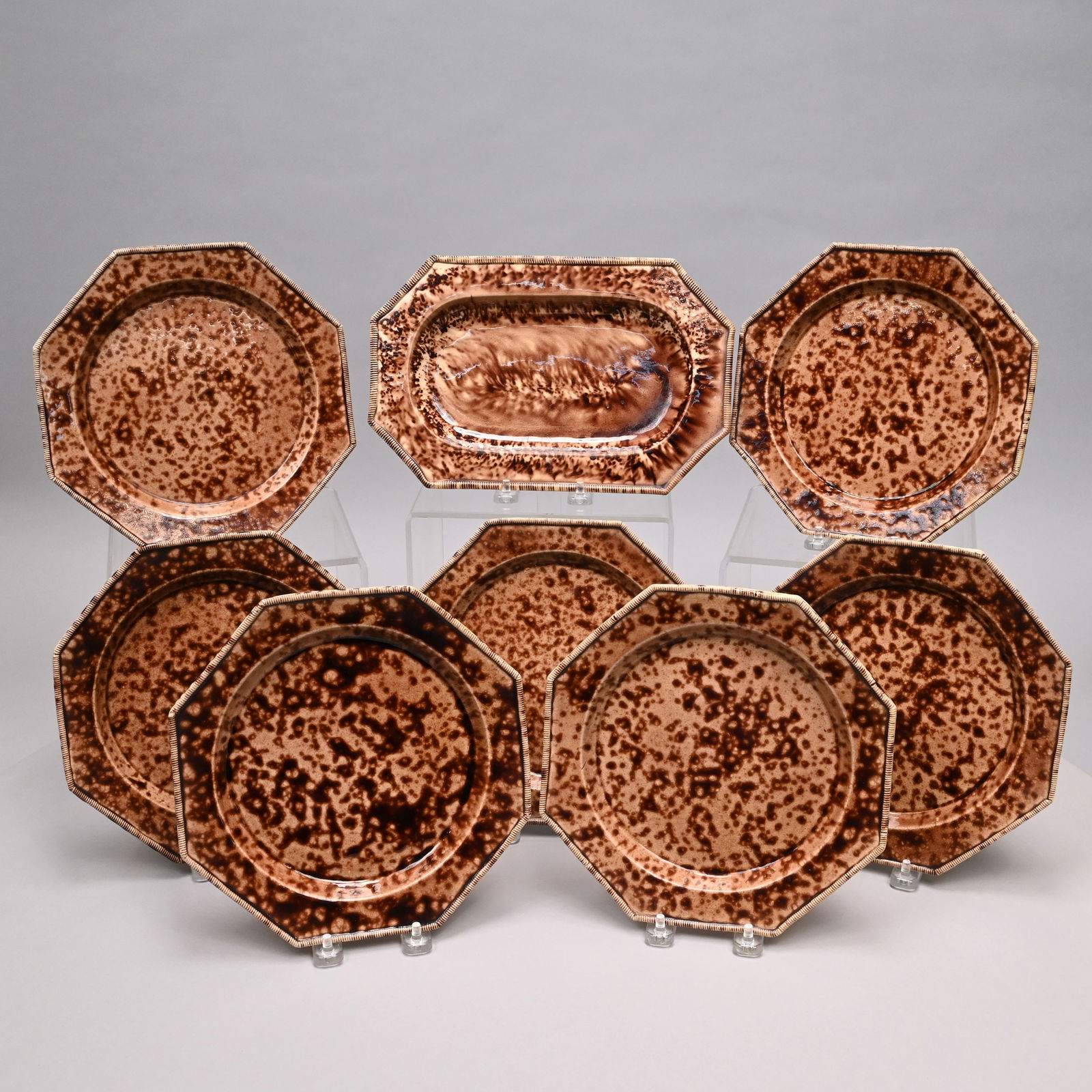 Set of Seven Italian Staffordshire Style Plates: Set of Seven Italian Staffordshire Creamware Tortoiseshell-Glazed Style Octagonal Plates, Au Gourmet for Bloomingdales, Twentieth Century. Each impressed "Made in Italy for/ BLOOMINGDALE'S/ Au gourmet