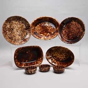 Eight American Glazed Pottery Pans and Dishes