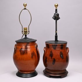 Two New England Glazed Redware Jars, Now Lamps