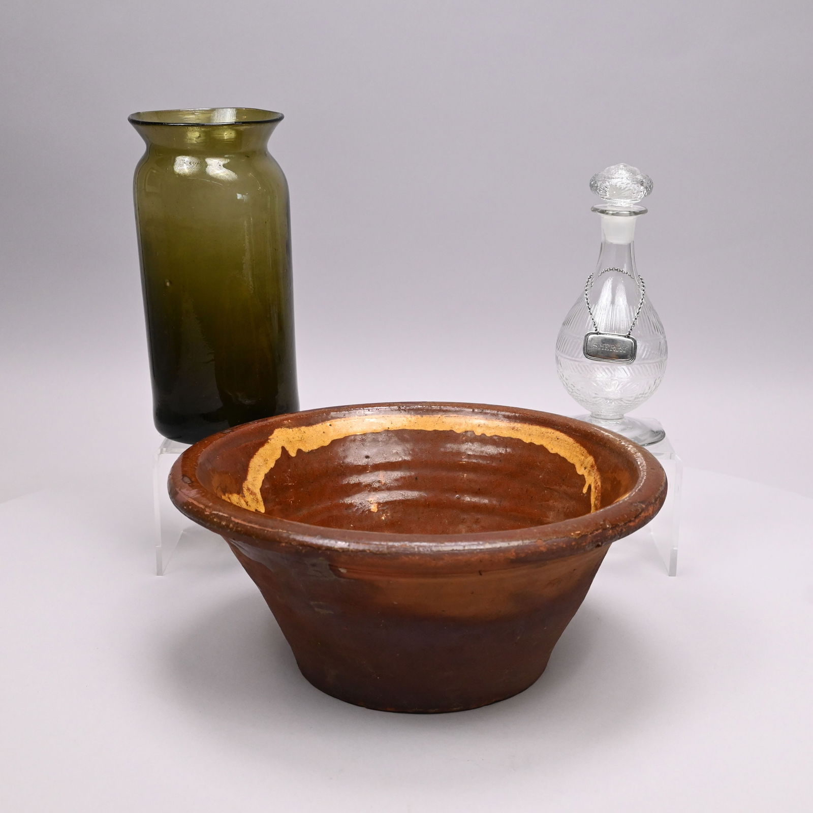 Free-Blown Glass Jar & Decanter, Redware Bowl (1 of 19)